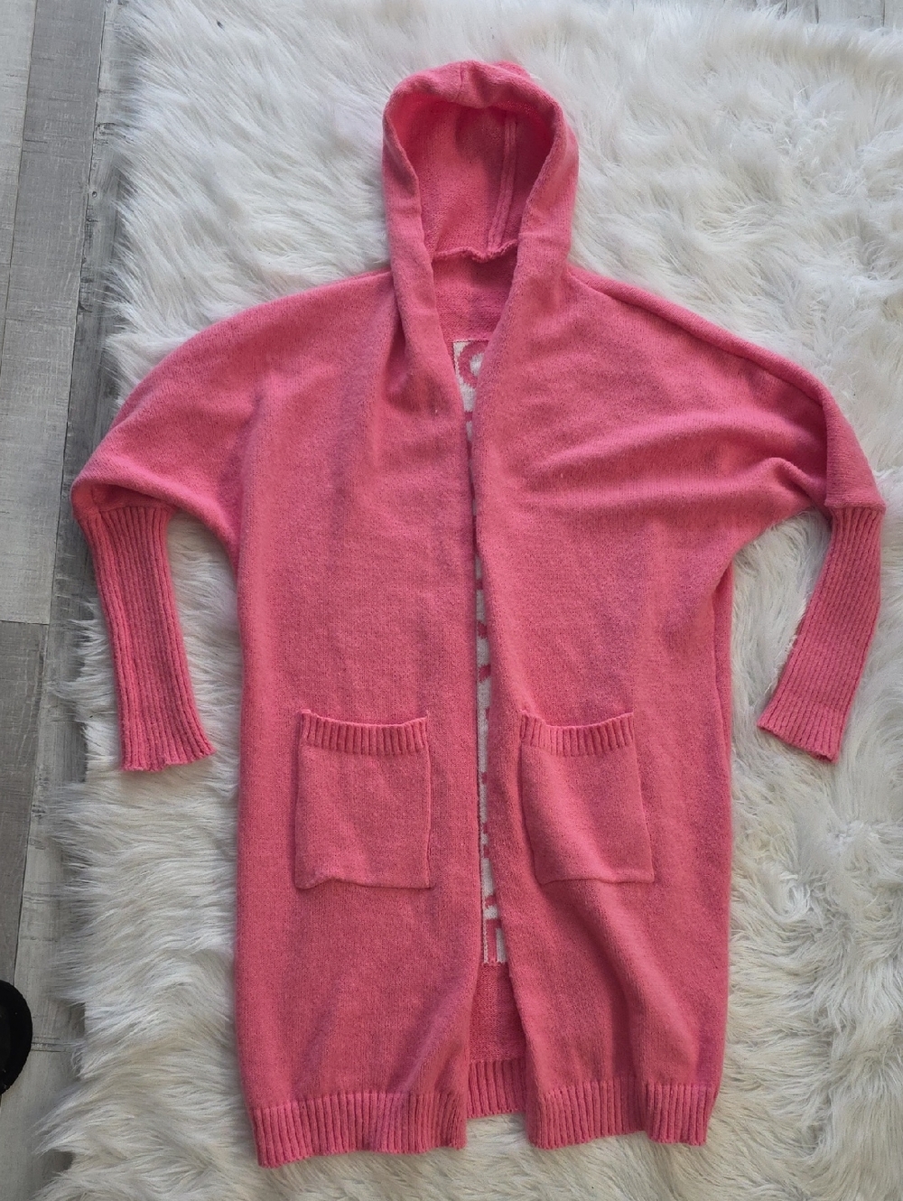 Cozy Hooded Open Long Cardigan in Coral Pink Size L
